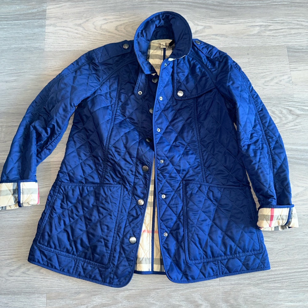 Burberry Quilted Navy Blue Jacket with Signature Check Trim